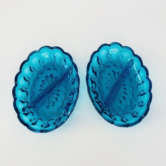 MCM Indiana Glass Blue Oval Divided Dish x 2 - Picture 7 of 14